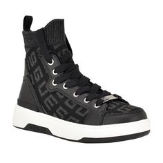 The Mannen is our fan favorite! Its stretch knit is not only super comfortable and fits every step, but its high fashion look is sure to catch everyones eye! Est. 1981, Guess is a global lifestyle brand and a symbol of a young, adventurous lifestyle. | GUESS Women's Mannen Knit Lace Up Hi Top Fashion Sneakers, Black, 8.5M High Fashion Looks, Knit Lace, Trainers Fashion, High Top Sneaker, Black High Tops, Famous Footwear, Womens Athletic Shoes, Hi Top, Athletic Fashion