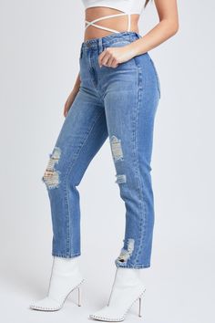 Dive into your chill era with our Women's Dream High Rise Mom Fit Jeans. This high-waisted jean is made with our signature hybrid Dream Denim that has a pure cotton front panel for that perfect denim texture, and a high-stretch back panel for ultimate comfort and a butt-hugging look. Features a classic five pocket construction, distressing, single-button closure with front zip, and belt loops. Style with a fitted crop and sneakers for an everyday look you'll love. Product Details- High-Rise- Bel High Rise Medium Wash Distressed Jeans, High Rise Distressed Medium Wash Jeans, Distressed High Rise Jeans In Medium Wash, High Waist Ripped Jeans In Medium Wash, Ripped Medium Wash Rigid Denim Jeans, Ripped High Waist Cropped Jeans In Medium Wash, High Waist Ripped Cropped Jeans In Medium Wash, High Rise Distressed Cropped Jeans In Denim Blue, Distressed High Waist Rigid Denim Jeans