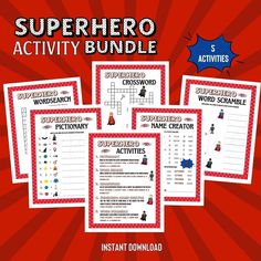 the superhero activity bundle includes five activities to practice crosswords and word search skills