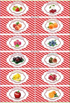 four labels with different types of fruits and vegetables on red checkered tablecloths