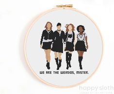 the cross stitch pattern shows three women in school uniforms, one wearing a black and white shirt