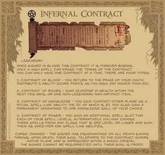 an old document with writing on it that says, infernal contract legendary