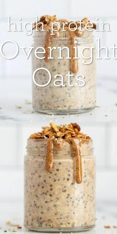 two jars filled with oatmeal sitting on top of a counter next to each other