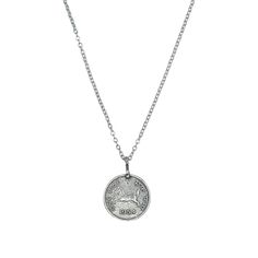 Vintage silver coin pendant on 17in silver plated necklace. Has 3 in extender to adjust length. Adjustable Silver Coin Necklace Gift, Nickel Free Sterling Silver Round Medallion Necklace, Nickel-free Sterling Silver Elegant Coin Necklace, Nickel-free Sterling Silver Round Medallion Necklace, Nickel-free Sterling Silver Coin Necklace In Elegant Style, Adjustable Sterling Silver Coin Pendant Jewelry, Adjustable Sterling Silver Coin Pendant, Adjustable Engraved Coin Necklace With Round Pendant, Adjustable Necklace With Coin Pendant