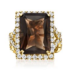 Ross-Simons - 14.00ct Smoky Topaz Ring, 1.35ct t. w. Diamonds in Gold. Size 7. Smoldering with a scintillating 14.00 carat emerald-cut smoky quartz, this exceptional cocktail ring thoughtfully articulates a bevy of unique details. Finely crafted in polished 14kt yellow gold and brimming with 1.35 ct. t. w. round brilliant-cut diamonds in a classic border and along the sides of a crisscross-style shank. 3/4" wide. Diamond and smoky quartz ring. Smokey Topaz Ring, 55th Wedding Anniversary, Brown Diamond Ring, Alexis Bittar Jewelry, Smoky Quartz Ring, Jewelry Board, Smoky Topaz, Smokey Topaz, Citrine Jewelry