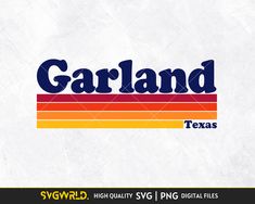 the logo for garland, texas is shown in blue and yellow with an orange stripe