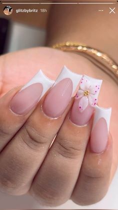 #nails #nailart #naildesign White Nail Designs With Flowers, Nail Inspo Frenchies, Medium Vacation Nails, French Baddie Nails, Acrylic Square Nail Designs, White And Pink French Tip Nails, Medium French Tip Nails, Acyrilics Nails Ideas, Dope Nail Designs Mid Length