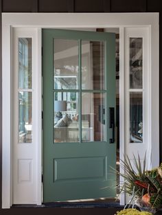 a green front door with glass panels