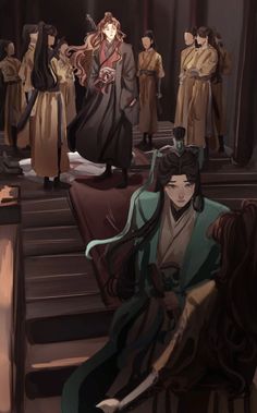 an anime scene with many people dressed in traditional japanese clothing and standing around the stairs