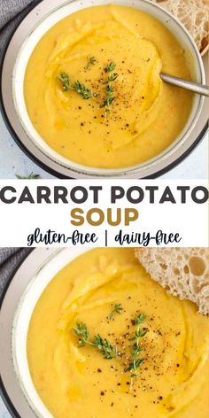 two bowls filled with carrot potato soup on top of a table