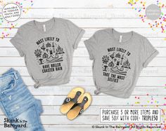 This custom "Most Likely To..."  family vacation shirt makes a great gift for the entire family. Heading to a theme park? This is the perfect matching shirt to wear while enjoying all the rides! Personalize each shirt with a saying that is perfect for that person. Select from 39 options we provide, or enter your own in the personalization field. Crafted with utmost care, this premium quality tee is made from soft cotton, ensuring both comfort and durability. This shirt is available in 8 colors i Family Park, Matching Family Shirts, The Barnyard, Family Vacation Shirts, Vacation Shirts, Amusement Park, Matching Shirts, Family Shirts, Theme Park