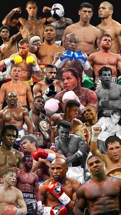 many different pictures of men with boxing gloves on them and one man in the middle