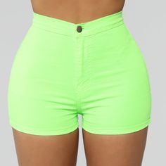 Fashion Nova Mind Games High Rise Shorts Neon Green Size 11 New 11.5 Rise-High Rise 2 Back Pockets Stretch Denim Button & Zipper Closure 2" Inseam 97% Cotton 3% Spandex Trendy Green Bottoms With Button Closure, Green Summer Pants With Button Closure, Summer Green Pants With Button Closure, Trendy High Waist Green Bottoms, Fitted Shorts With Button Closure, Green Bottoms With Button Closure For Spring, Green Spring Bottoms With Button Closure, Trendy Solid Color Shorts With Button Closure, Trendy Solid Shorts With Button Closure