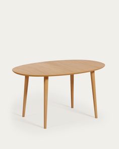 an oval wooden table with two legs and a circular top, on a white background