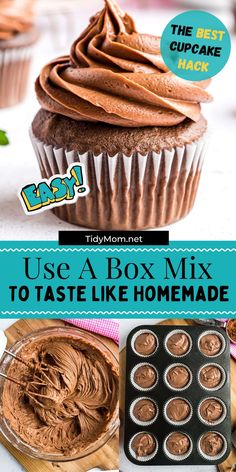 a cupcake with chocolate frosting in it and the words use a box mix to taste like homemade