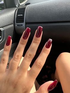 Dark Cherry Acrylic Nails, Nail Extensions Dark Colors, Red Vintage Nails, Sns Extensions, Deep Red Nails Acrylic, Matt Red Nails, Claret Nails, Red Nail Extensions