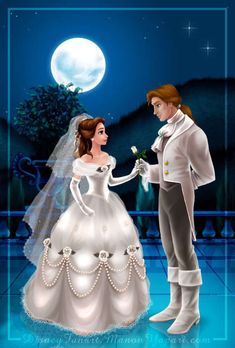 a man and woman dressed in wedding attire standing next to each other under a full moon