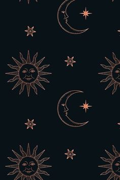 the sun, moon and stars are drawn in gold on a black background