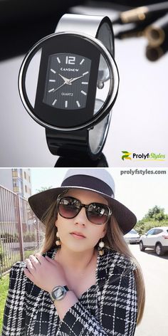 Add this affordable ladies watch to your collection and give your formal style outfit a touch of class. This dressy watch will give you an edgy look and enhance your fashion outfit for work attire or casual wear for women. #stainlessteelwatch #jewelrywatch Trendy Analog Watch Accessories, Trendy Analog Round Dial Watch Accessories, Trendy Analog Watch Accessories With Round Dial, Trendy Adjustable Formal Watches, Trendy Formal Watch With Rectangular Dial, Trendy Analog Watches For Gift, Trendy Analog Watch As Gift, Modern Watch Accessories With Analog Display, Watch Outfits Women