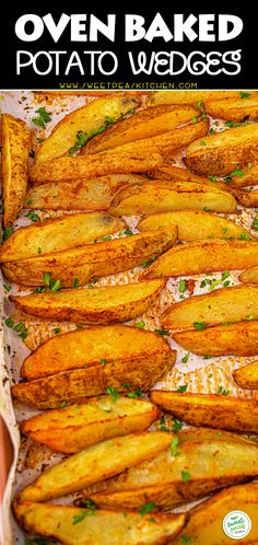 baked oven baked potato wedges with parsley on top and the title above it