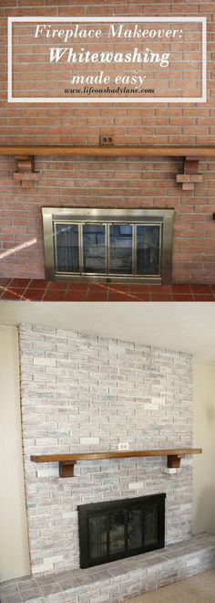 before and after pictures of a fireplace in a living room with whitewashing on the brick