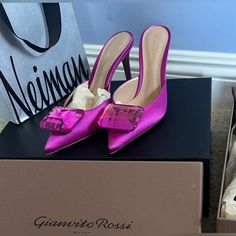 Bnib- Gianvito Rossi's Jaipur Mules Are Crafted Of Shiny Satin And Topped With A Tonal Embellishment. Size-36 Heel Size-3.25in (85mm) Textile Upper Pointed Toe Slip-On Style Lining: Leather Leather Sole Dust Bag Made In Italy Designer Pointed Toe Heels For Gala, Pink Embellished Heels For Formal Occasions, Designer Pointed Toe Heels For Cocktail, Designer Almond Toe Party Heels, Designer Heels For Events, Designer Pink Heels For Gala, Romantic Shoes, Rossi Shoes, Gianvito Rossi