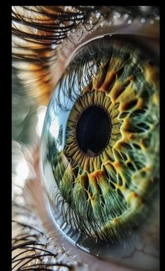 an extreme close up shot of the iris of a human eye, with green and yellow colors