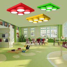 the children's room is brightly colored and has toys on the floor in front of them