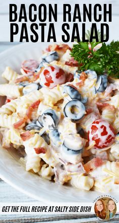 bacon ranch pasta salad on a white plate