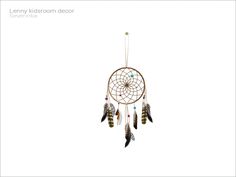 a dream catcher with feathers hanging from it's side