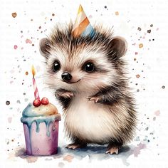 a hedgehog with a birthday cupcake in its paws