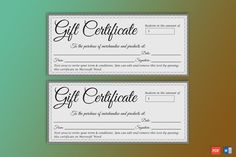 two gift certificates sitting side by side on a green and brown background with the words,'gift certificate'in black ink