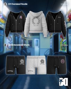 the hoodie and shorts are all different colors, but one is white or black