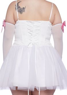 to stun in any assembly room. This mini dress is fully lined and has a satin construction with a tulle mesh skirt, structured boning, a textured bow design on the bodice, bow appliques in front, a self-tie lace-up back design, adjustable shoulder straps, a side zipper closure, and comes with matching gloves. Mini Length Wedding Dress With Satin Bow, Mini Wedding Dress With Satin Bow, Fitted Sleeveless Tutu Dress With Bow, Tulle Dress With Sweetheart Neckline For Costume Party, Satin Mini Dress With Bow For Wedding, Satin Mini Dress With Satin Bow For Prom, Party Dresses With Bow Straps And Tulle Material, White Fitted Tutu Dress With Bow, Fitted White Tutu Dress With Bow