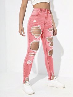 Pink Casual Collar  Denim Plain Skinny Embellished High Stretch  Women Clothing High Waist Ripped Pink Bottoms, Pink High Waist Ripped Bottoms, Pink High Rise Distressed Jeans, High Rise Distressed Pink Jeans, Trendy Ripped Pink Jeans, Pink Ripped Denim Jeans, High Rise Ripped Pink Bottoms, Pink Distressed Bottoms For Fall, Fall Distressed Pink Bottoms