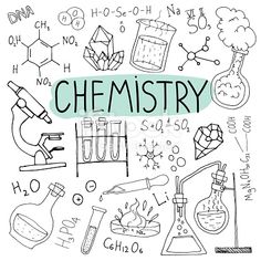 the word chemistry surrounded by doodles of science related items