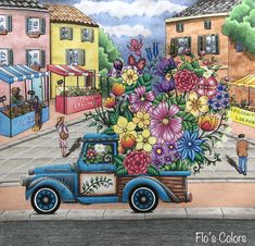 a drawing of an old car with flowers in the back and people walking on the side walk