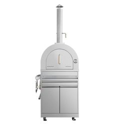 an outdoor pizza oven on wheels with the door open to show it's cooking area