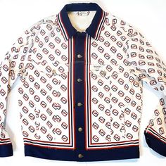 Here At Fleur De Riche, We Have Some Of The Best Luxury Designer Apparel And Brand-Name Handbags Curated Just For You. One Of Those Unique Special Occasion Pieces. Put This On And Watch People Gawk, Wondering Where You Got It From. This Gucci Gg Monogram Denim Jacket Is Patterned In A New Retro-Tinged Iteration Of Gucci's 'Gg' Motif. This Denim Jacket Is Cut For A Loose Fit And Trimmed With Navy And Red Stripes Along The Collar, Placket, Hem And Cuffs. Featuring A Front Button Fastening, Two Che Gucci Knitwear, North Face Parka, Monogram Jacket, Mens Lightweight Jacket, Gucci Jacket, North Face Vest, Embroidered Denim Jacket, Gg Monogram, Gucci Monogram