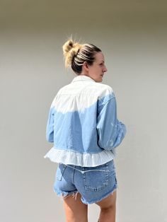 Cropped Jean Shirt Jacket, Bleached Jean Shirt, Flower and Lace Patch Cropped Jean Jacket, Button Down Jean Shirt With Ruffle,bleached Denim - Etsy Spring Collared Denim Jacket, Spring Collared Denim Jacket For Day Out, Spring Denim Jacket With Frayed Hem, Faded Denim Jacket With Frayed Hem, Trendy Ruffled Denim Top For Spring, Faded Cotton Denim Jacket With Frayed Hem, Light Wash Cotton Denim Jacket With Frayed Hem, Washed Blue Denim Jacket For Spring Day Out, Spring Cropped Washed Denim Top