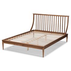 a wooden bed frame with slatted headboard and foot board