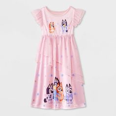 Your toddler will be excited for bedtime adventures with their favorite character by wearing the Bluey Fantasy Nightgown. This cap-sleeve nightgown features a graphic of Bluey, Bandit, Chili and more to help them showcase their fandom. Adorned with asymmetric mesh detailing along the waist, this pink nightgown is made with soft and lightweight fabric for comfortable wear. Fantasy Nightgown, Princess Nightgowns, Christmas Nightgowns, Pink Nightgown, Girls Nightgown, One Piece Clothing, Girls Sleepwear, Cotton Pajama Sets, One Piece Pajamas