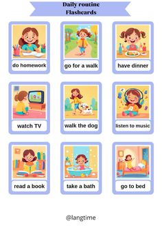 the daily routine flashcards for children to learn how to read and do something with them