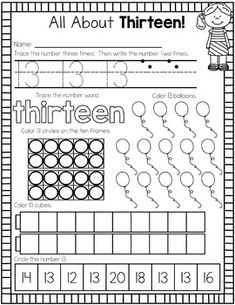 an all about thirteen worksheet for children to practice their handwriting and number recognition skills