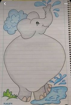 an elephant drawn on lined paper with water coming out of its trunk