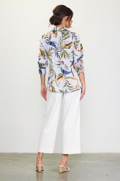 This tropical-print blouse is designed after the classic pajama shirt, but it's too fun not to wear out. Accented with contrast piping, the loose-fitting style looks equally chic with jeans or our matching wide-leg pants. •Notched collar •Button front placket •Long sleeves •Barrel cuffs •Relaxed fit Item Number: 45293 100% POLYESTER Vacation Dresses Casual, Wedding Guest Dress Trends, Classic Pajamas, Casual Wedding Dress, Style Looks, Contrast Piping, Vacation Dresses, Sweater Sale, Pajama Shirt