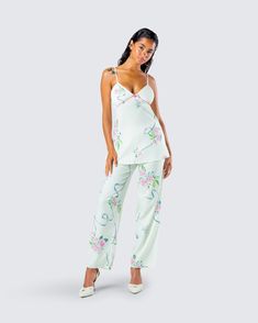 From getting your beauty rest to running around the town - this two-piece set will have you on your prettiest behavior 🤍 Pairing a cami top with matching wide leg pants, you'll stun in the perfect floral look 🤩 Chic Printed Wide Leg Sets, Spring Brunch Sets With Floral Print, Spring Matching Set With Wide Leg, Chic Printed Spring Sets, Spring Matching Wide Leg Sets, Floral Print Summer Sets For Brunch, Summer Floral Print Sets For Brunch, Spring Loungewear Sets, Green Two-piece Pant Set For Spring