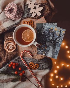 a cup of tea, orange slices and candy cane on a blanket with christmas decorations