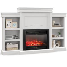 a white entertainment center with an electric fireplace and bookshelves on either side,