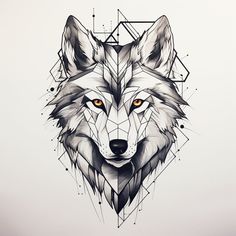 a drawing of a wolf's head with geometric shapes on the side and orange eyes